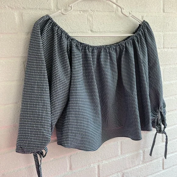 ZARA gingham cropped puff sleeve tie sleeve off shoulder blouse blue&white XS - Picture 4 of 7